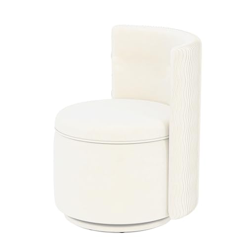 allamazing 360° Swivel Accent Chair with Storage, Vanity Stool with Back, Velvet Storage Ottoman, Upholstered Round Barrel Vanity Chair for Living Room, Makeup Room, Bedroom (White High-Back) - color: Beige High-back