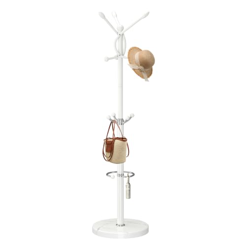 Metal Coat Rack, Modern Coat Rack Stand, Heavy Duty Coat Tree Stand | Coat Rack Freestanding with Natural Marble Base, Coat Racks, White Clothes Tree Hanger Stand with 10 Hooks & Umbrella Holder - color: White-10Hooks