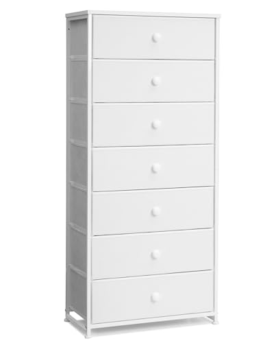Fabric Dresser for Bedroom, Wide 7-Drawer Tall Vertical Tower (White) | Wooden Top, Steel Frame, Easy Pull Bin,Organizer Unit for Living Room, Hallway, Entryway, Nursery, Closets - color: White, style: Wide-7 Drawers