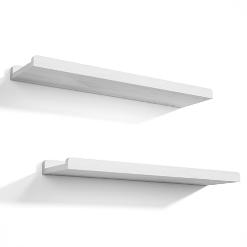 Love-KANKEI 24" Long White Floating Shelves with Lip,Solid Wood,Set of 2 | Easy to Install,Protective Ledge,18 Lbs/shelf,For Bedroom Living Room Bathroom Kitchen Office,Nursery Display,Wall Decor - color: White, size: 24 inch
