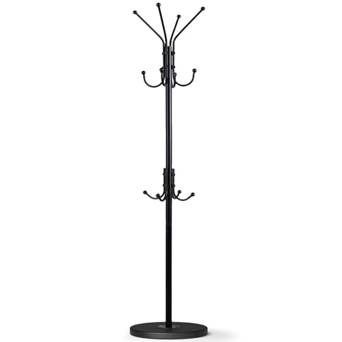 Freestanding Coat Rack with 12 Hooks,Modern Coat Stand with Wood Base for Entryway, Bedroom, Office, 3 Adjustable Height Coats Hanger Stand for Coats, Hats, Handbags and Scarves, Black