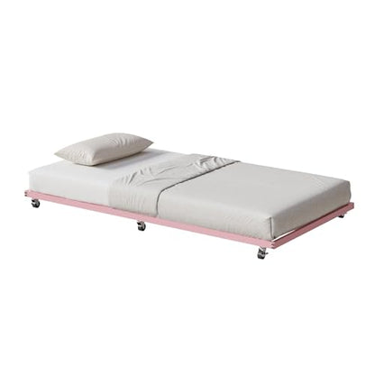 IDEALHOUSE Twin Size Metal Roll Out Trundle Bed Frame with Wheels and Slats Support, Pink | Pull-Out Trundle, Space-Saving, Metal Frame, Living Room, Bedroom, Apartment - color: Modern Pink, size: Twin Roll-Out Trundle