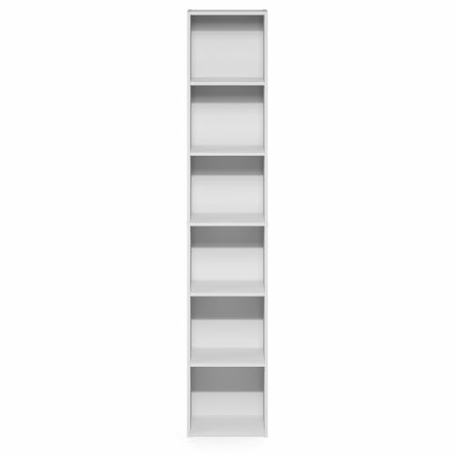 Furinno LUDER 6-Tier Narrow Book Shelf, Slim Bookshelf, White | 9.4 x 12.1 x 63.3, Open Shelf, Standing Bookcase, for Home Office, Living Room, Bedroom - color: White, size: 6-Tier, 12W