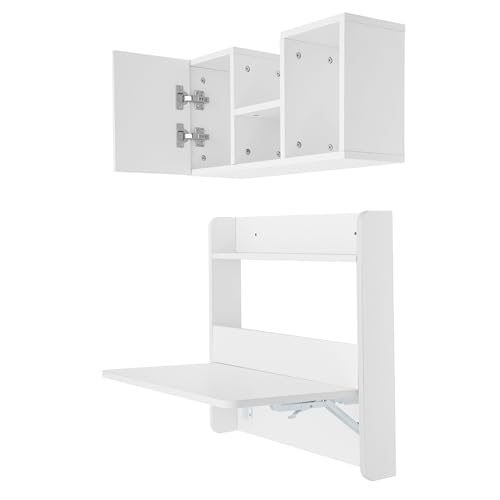 Wall Mounted Folding Desk, Solid Wood Floating Laptop Desk with Wall Mounted Bookshelf for Living Room Coffee Shop Apartments, 88lbs Table Load-Bearing (White) - color: White