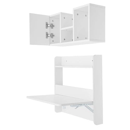 Wall Mounted Folding Desk, Solid Wood Floating Laptop Desk with Wall Mounted Bookshelf for Living Room Coffee Shop Apartments, 88lbs Table Load-Bearing (White) - color: White
