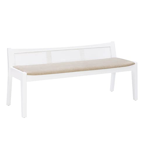Kasi White Low Back Cane Bench with Beige Upholstered Seat by Powell - color: White
