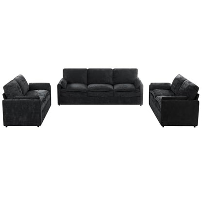 3 Pieces Chenille Sofa Set w/Two Arm Pillows, Black | Upholstered 2 Pieces Loveseat & 3-Seater Sofa w/Soft Cushions, Modern 2-Seat & 3-Seat w/High-Density Foam for Living Room - color: Black, size: 69" & 69" & 89" Sofa Set