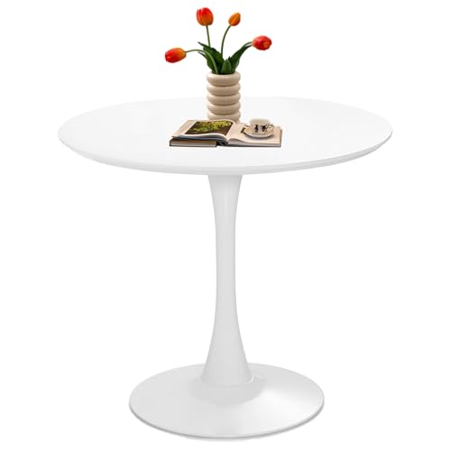 White Round Dining Table 31.5" Tulip Dining Room Tables Kitchen Dinner Circle Table 2-4 People with MDF Table Top Mid-Century Small Social Coffee Tables for Break Dining Room, Cafe, Lobby - color: White, size: 31.5"