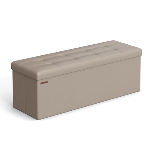 SONGMICS Mazie Collection - 43 Inches Folding Storage Ottoman Bench, Ottoman with Storage, Foot Rest Stool, Load 660 lb, for Living Room, Synthetic Leather, Camel Brown ULSF070K03 - color: Camel Brown, size: 15"D x 43"W x 15"H