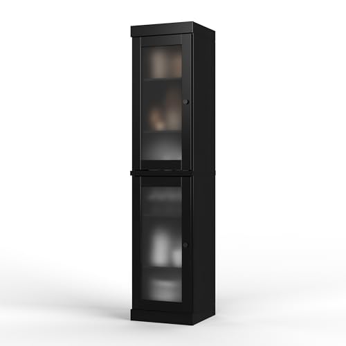 Solid Wood Kitchen Pantry Cabinet w/Frosted Glass Doors - Narrow Storage Cabinet - 16.5" Wide x 71.5" Tall - Black, Adjustable Shelves, 100% Eco-Friendly Wood, Modular Cabinets - color: Black, style: Frosted Glass Doors