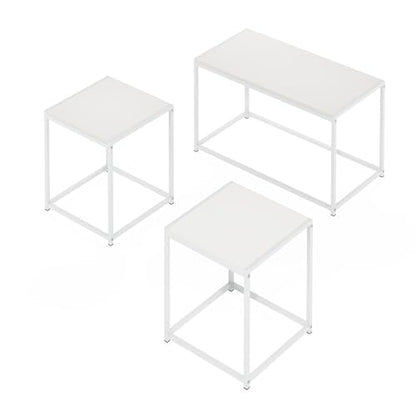 Furinno CAMNUS Coffee Table, Metal Frame Modern Center Table and Side Tables Set, Toolless Side Table Sets, for Living Room, Bedroom, Home Office, Solid White - color: Solid White/White, size: 3-in-1 Set (1 Coffee + 2 End Tables)