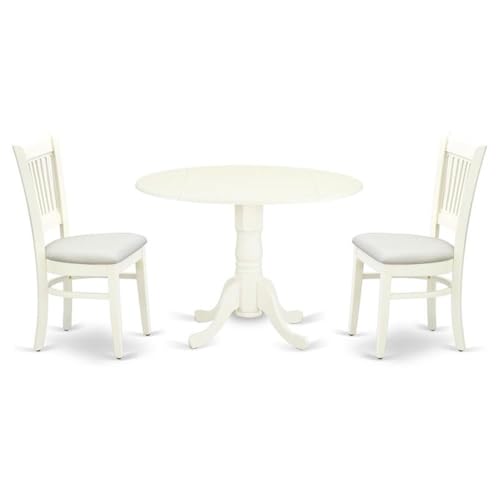 East West Furniture DLVA3-LWH-C 3 Piece Modern Dining Table Set Contains a Round Wooden Table with Dropleaf and 2 Linen Fabric Upholstered Dining Chairs, 42x42 Inch, Linen White - color: Dlva3-lwh-c
