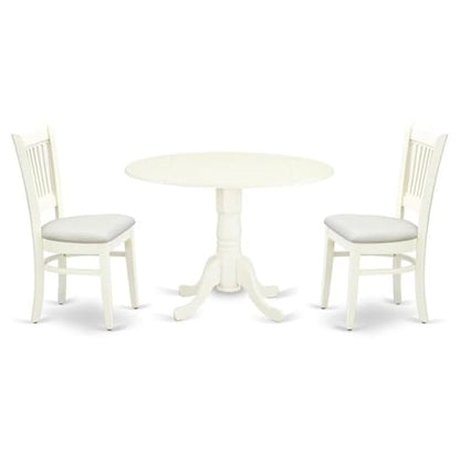 East West Furniture DLVA3-LWH-C 3 Piece Modern Dining Table Set Contains a Round Wooden Table with Dropleaf and 2 Linen Fabric Upholstered Dining Chairs, 42x42 Inch, Linen White - color: Dlva3-lwh-c