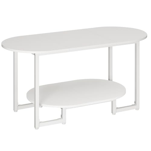 HOOBRO Coffee Table for Living Room, Oval Small Coffee Table with 2-Tier Open Storage Shelf, Industrial Cocktail Tea Table, Wooden Desktop Center Table, Farmhouse, Home Office, White WW09KF01 - color: White