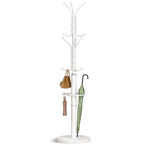 Yoobure Metal Coat Rack Freestanding with Marble Base, Coat Tree with 12 Hooks & Umbrella Holder, Coat Hanger Stand for Corner Entryway Bedroom Office, Heavy Duty Coat Rack Stand for Clothes Hats Bags - color: White