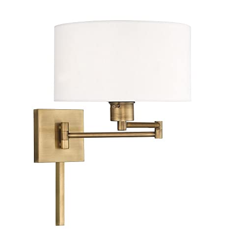 Livex Lighting 40036-01 1-Light Swing Arm Wall Light, Antique Brass | Off-White Fabric Shade - color: Antique Brass