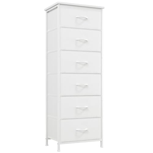 Somdot Tall Dresser for Bedroom, 6 Drawer Storage Cabinet, White | Storage Tower with Steel Frame and Wood Top Chest of Drawers, Vertical Nightstand for Closet, Bedroom Organization Furniture - color: White, size: 11.8"D x 16.5"W x 45.3"H (6 Drawers)