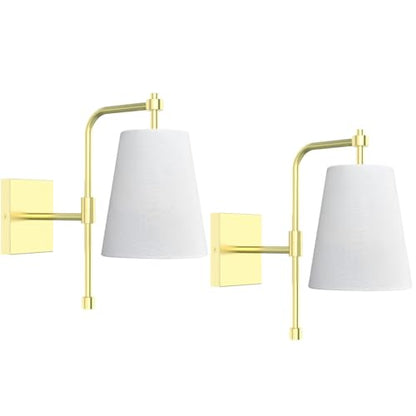 Swing Arm Wall Lamps Set of 2, Fabric Linen Shade, Hardwired Wall Mounted Light Fixture for Bedside, Living Room, Bathroom, Versatile Home Decor (Brushed Gold)