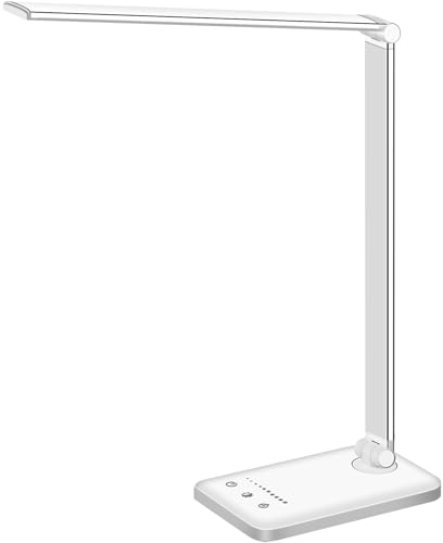White crown LED Desk Lamp Dimmable Table Lamp Reading Lamp with USB Charging Port, 5 Lighting Modes, Sensitive Control, 30/60 Minutes Timer (White, First-Generation) - color: White, size: first-generation