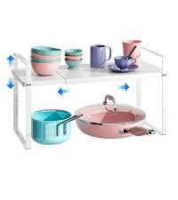 Expandable Cabinet Shelf Organizer, Stackable Kitchen Pantry Counter Storage, Adjustable Closet Cupboard Stand Rack Risers Spice Organization 80LBS Heavy Duty White Small 1 Pack - color: White Small