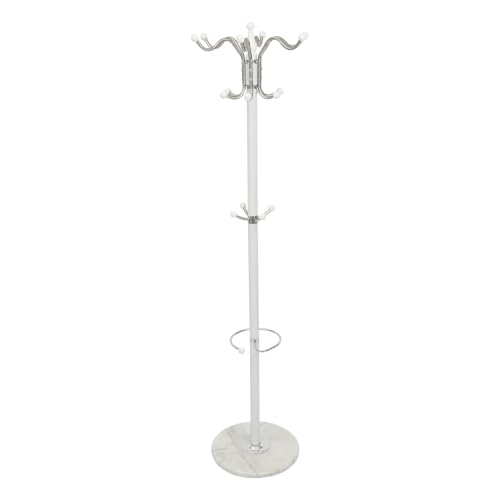 Coat Rack for Entryway, Freestanding Coat Rack, White Coat Rack with Marble Base, 3-Tier Hooks Umbrella Holder, Heavy Duty 33 lbs Capacity, for Hallway Bedroom Living Room