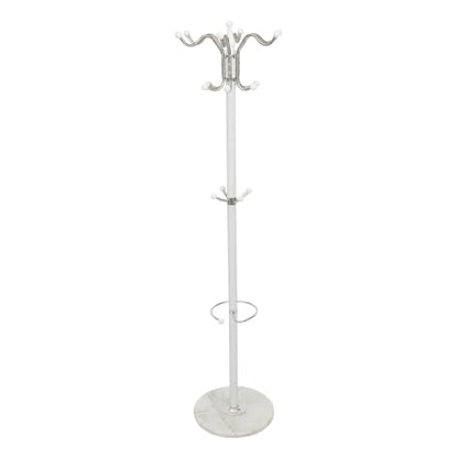 Coat Rack for Entryway, Freestanding Coat Rack, White Coat Rack with Marble Base, 3-Tier Hooks Umbrella Holder, Heavy Duty 33 lbs Capacity, for Hallway Bedroom Living Room