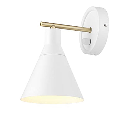 Globe Electric 65542 1-Light Plug-in or Hardwire Wall Sconce, Matte White, Brass Accent, Stepless Dimming Rotary Switch, Fabric Cord, Modern Lighting for Apartment or Renters, Home Decor