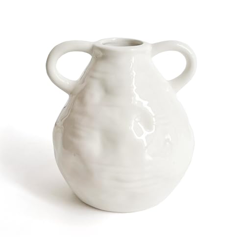 LIFFY Ceramic Vase for Flowers, 6.3 Inch Tall Farmhouse Centerpiece with Double Handles, Rustic Terracotta & Modern Navy White - Home Table Decor (White) - color: Double Handle-white