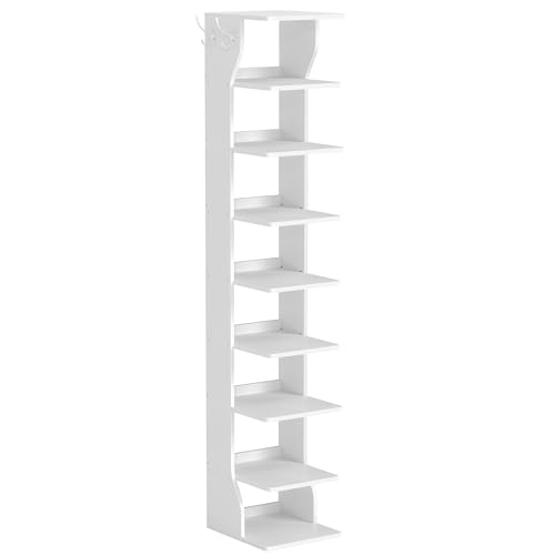 VASAGLE 9-Tier Vertical Shoe Rack, Narrow Shoe Storage Organizer with Hooks, Slim Corner Tower Shelf, Space-Saving for Entryway and Bedroom, White ULBS210WB01 - color: White, size: 9 Tiers(10.4"W)