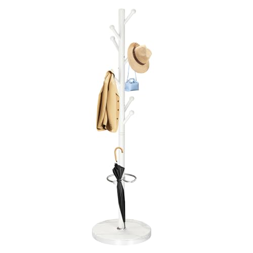 OIRUMIE Coat Rack,Metal Coat Rack Frestanding,White Coat Stand for Entryway | Coat Rack Stand with Marble Base & Umbrella Holder,Modern Coat Hanger Stand,Coat Clothes Tree Stand for Hallway - color: White-8 Hooks