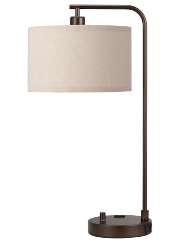 Innqoo Brown Table Lamp for Bedroom with USB Port and Outlet, Dimmable Nightstand Bedside Lamps with Linen Lampshade, Desk Lamp for Home Office, Living Room, Guest Room, LED Bulb Included - color: E-Beige Shade & Brown Base