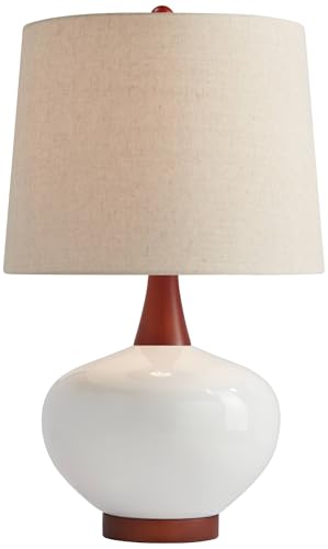 Brice 23" High Table Lamp Ivory Wood Mid-Century Ceramic Mid Century Modern | White Neck Bedroom Living Room House Home Bedside Nightstand Office Family Tapered Drum Shade - color: Wood and White Smooth Ceramic