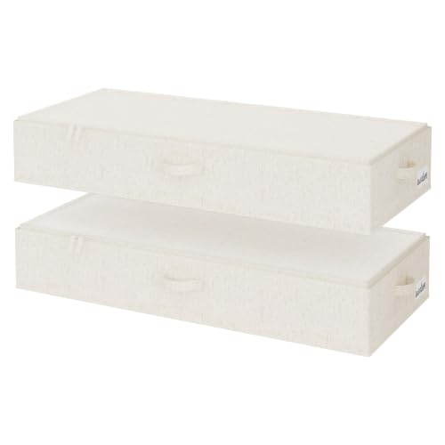 StorageWorks 7 Inch Low Profile Under Bed Clothes Storage Bins with Lids | Reinforced Structure, Resists Sagging, Handles & Label Holder, Foldable Stackable Closet Storage for Clothes, Blankets, Toys - color: Light Beige, size: 38.5"L × 17"W × 6.75"H