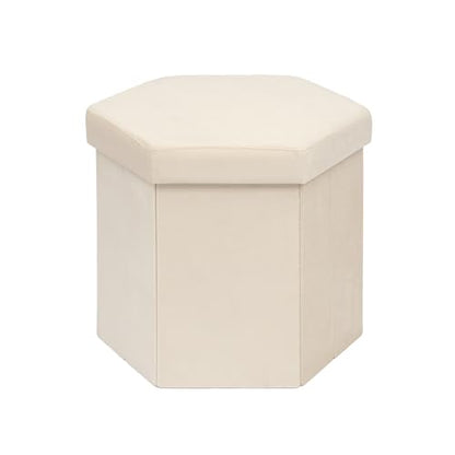 B FSOBEIIALEO Storage Ottoman Cube Hexagonal Pouf Ottomans, Foot Rest Seat for Sofa Footrest Entryway Shoe Footstool for Living Room/Bedroom/Entrway Velvet White 16.93"x15"x15" - color: White