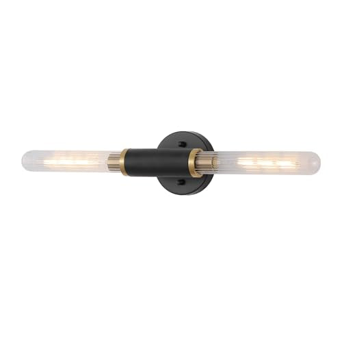 Modern Wall Sconces 24" Knurled Texture Cylinder Bathroom Vanity Lights Fixtures with Clear Striped Glass Shade 2-Lights Brushed Brass Gold Black Indoor Wall Lighting for Bedroom Hallway - color: Gold Black Knurled Texture/Clear