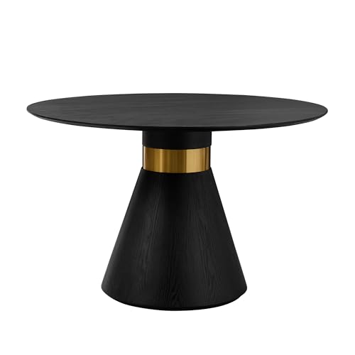 Round Dining Table for 6 People, 47.24 Inches Dining Room Table, Modern Wood Round Kitchen Tables Black Pedestal Base with Gold Trim Ring for Dining Room, Kitchen, Living Room - color: 47.24 Inch Black With Gold Trim
