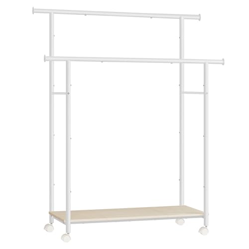 SONGMICS Clothes Rack with Wheels, Double-Rod Clothing Rack for Hanging Clothes, 38.8 Inches Garment Rack with Shelf, Loads up to 220 lb, for Bedroom, Closet, Natural Beige and Cloud White UHSR152W01 | Clothing Rack for Hanging Clothes, 38.8 Inches, Loads