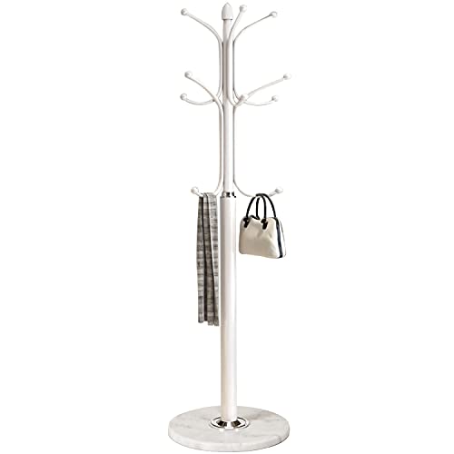 Kertnic Freestanding Coat Rack Stand, Heavy Duty Metal Hall Tree with 12 Hooks, 70 Inch Tall Stable Coat Hanger with 14.6" Natural Marble Base, Entryway Organizer for Coats Bags Hats Purses (White) - color: White