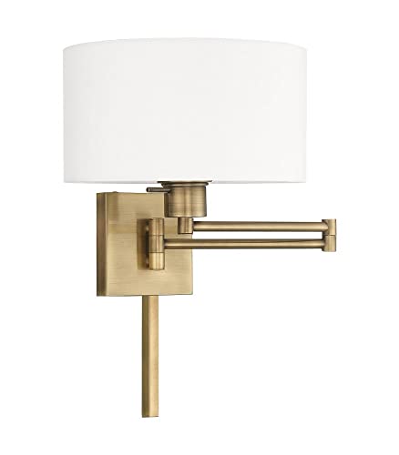 Livex Lighting 40036-01 1-Light Swing Arm Wall Light, Antique Brass | Off-White Fabric Shade - color: Antique Brass
