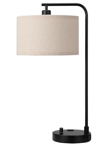 20.7" Tall Table Lamp with USB & Outlet, Fully Dimmable Nightstand Lamp | Linen Lampshade, USB Port and Outlet, Black Desk Lamp for Bedside, Living Room, Guest Room, Home Office, LED Bulb Included - color: A-Beige Shade & Black Base