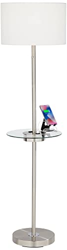 360 Lighting Caper 60 1/2" Tall Nickel Tray Table USB and Outlet Floor Lamp | Modern with AC Power on Glass 5 Satin White Fabric Drum Shade for Living Room Reading House Bedroom - color: Nickel - Single