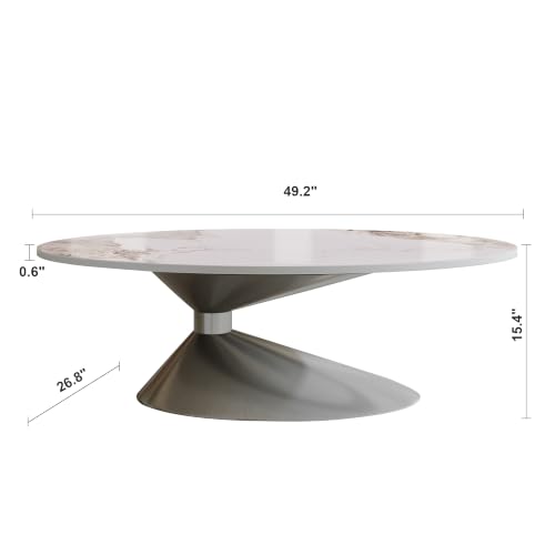 49.2" Oval Marble Coffee Table with Silver Stainless Steel Base, Luxury Sintered Stone Top Center Cocktail Tea Tables for Living Room,Easy Assembly - color: Style 4: Silver Base