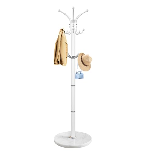 OIRUMIE Coat Rack,360°Rotary Coat Rack Stand,Coat Tree Stand for Entryway | Metal Coat Rack Freestanding with Natural Marble Base & 14 Hooks,White Modern Coat Stand, Clothes Hall Tree Stand for Hallway - color: White-14 Hooks