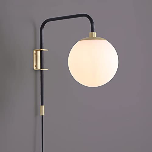 Caserti Black and Gold Plug in Wall Sconce Wall Lighting Modern Frosted Glass Globe Plug Wall Lamp with Plug in Cord Swing Arm Wall Mounted Bedside Lamp with On/Off Switch Wall Light