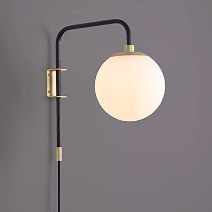 Caserti Black and Gold Plug in Wall Sconce Wall Lighting Modern Frosted Glass Globe Plug Wall Lamp with Plug in Cord Swing Arm Wall Mounted Bedside Lamp with On/Off Switch Wall Light