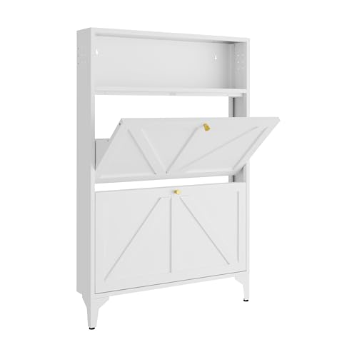 Silm Shoe Cabinet with 2 Flip Drawers,Hidden Shoe Storage Cabinet,Metal Freestanding Organizer,Narrow Shoe Cabinet Storage for Entryway,Hallway,Living Room(2 Door, White) - color: White, style: 2 door