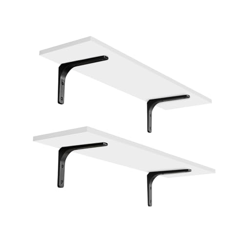 Long Wall Shelves, 23.6Inch Wooden Wall Mounted Shelves, Set of 2 | Floating Book Shelf, Sturdy Metal Bracket Easy Assembly, Max Load 22lbs, Wall Storage Ledges, Bedroom/Bathroom/Kitchen, White - color: White, size: 23.6 Inch