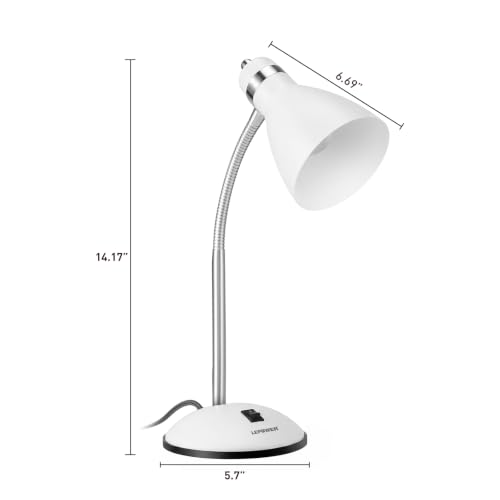 LEPOWER Metal Desk Lamp, Adjustable GooseNeck Reading Light for Bedroom | Compact & Sturdy, Space-Saving for Bedside & Dorm, E26 Table Lamp, Eye-Caring, Ideal for Study, Office, Back to School - color: White