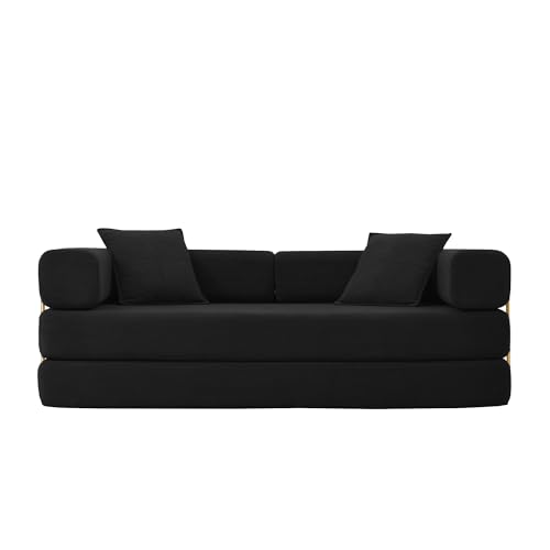 HANXIN 78 Inch Convertible Sleeper Sofa Bed, Folding Floor Mattress Couch with Fixed-Shape Frame, Futon Boneless Couch Lounge Loveseat with Pull Out Bed, No Assembly Required (Black) - color: Black, size: 78" Loveseat Sofa Bed