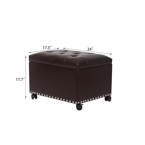 Leather Storage Ottoman with 360° Caster Wheels 24" Foot Rest Bench Rectangle Ottomans Stool for Living Room Bedroom (Brown, Wheels) - color: Brown With Casters